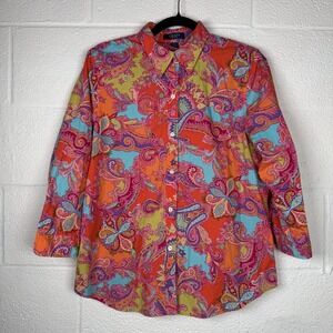 Chaps Paisley Button Up Shirt Women L Bright Color Dopamine Boho Cotton Top